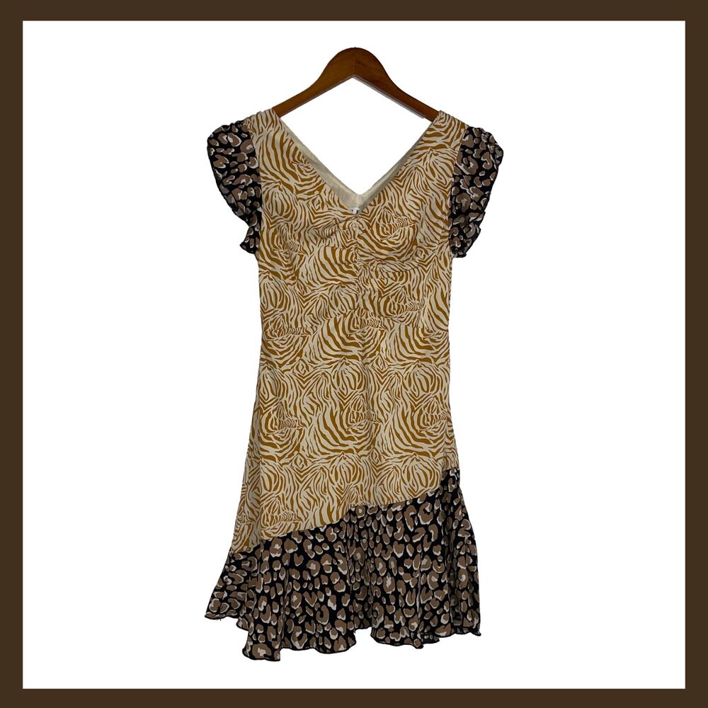 NWT THML Mixed Animal Print Dress Zebra Leopard Ruffle Hem Flutter Sleeve XS